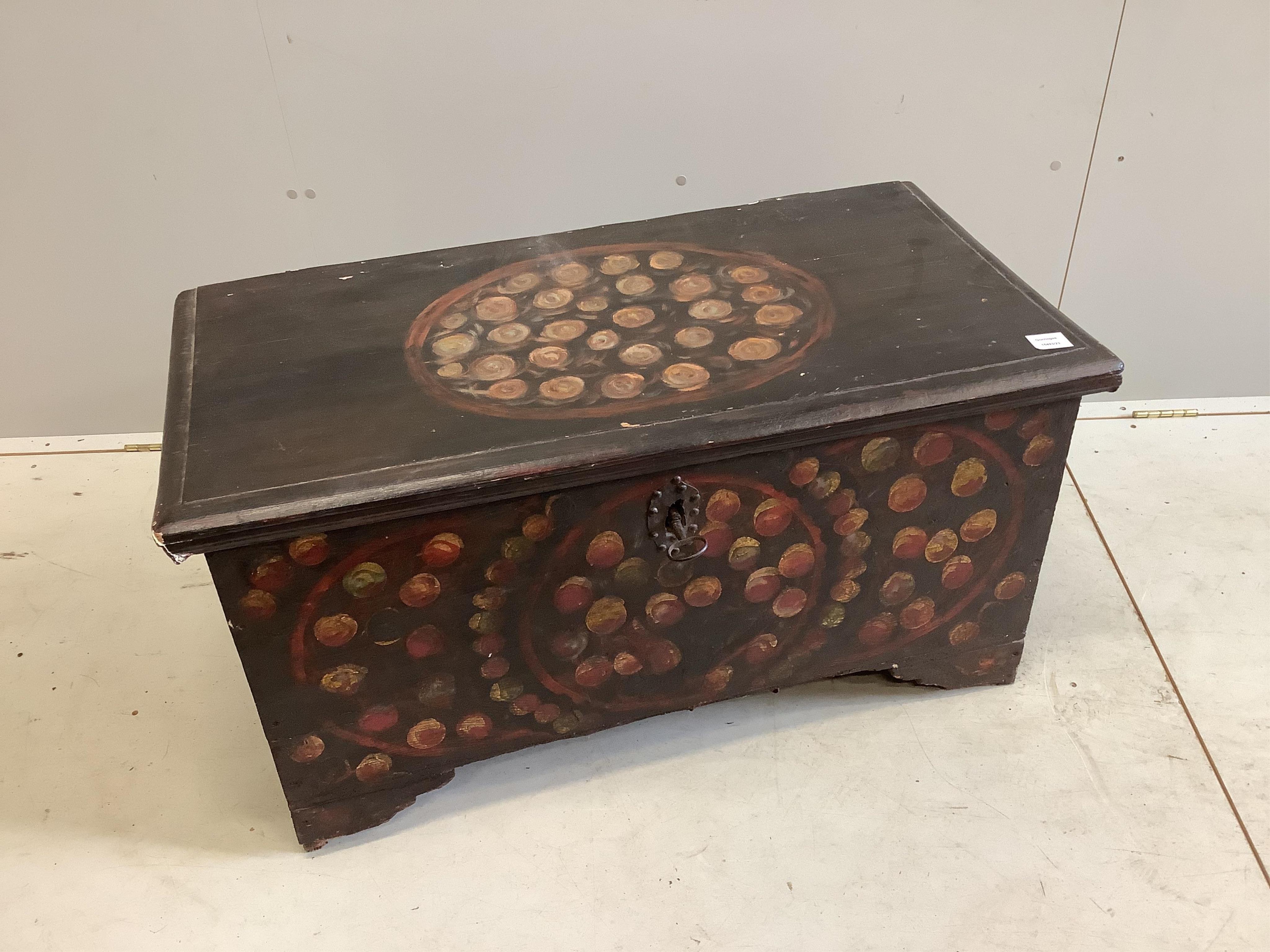 A Victorian floral painted and decorated marriage chest, width 99cm, depth 49cm, height 54cm. Condition - fair